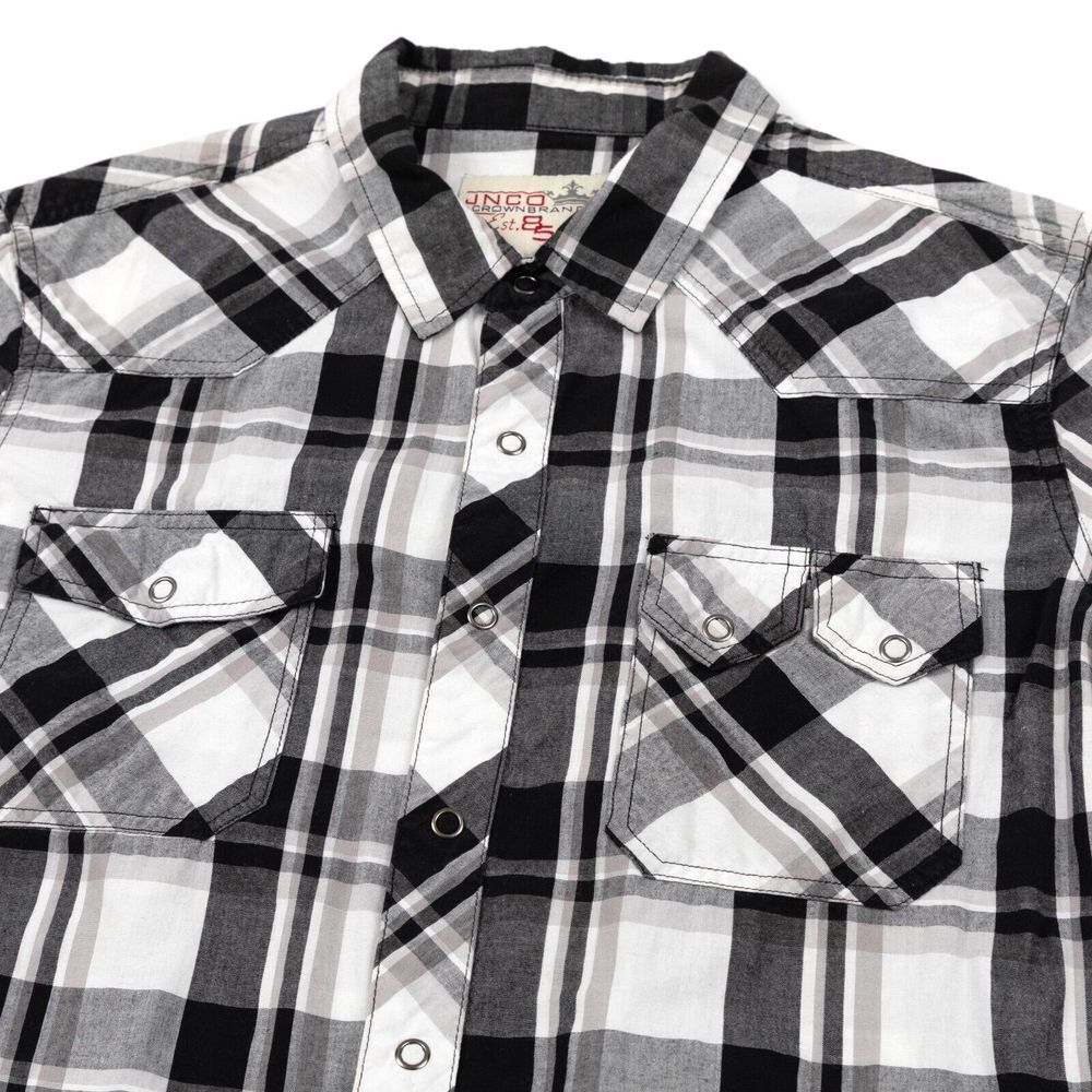 JNCO Short Sleeve Snap Button Up Shirt Black Plaid‎ Men's Size M Skater Pockets